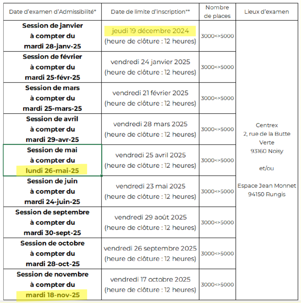 Calendrier examens T3P 2025 en IDF