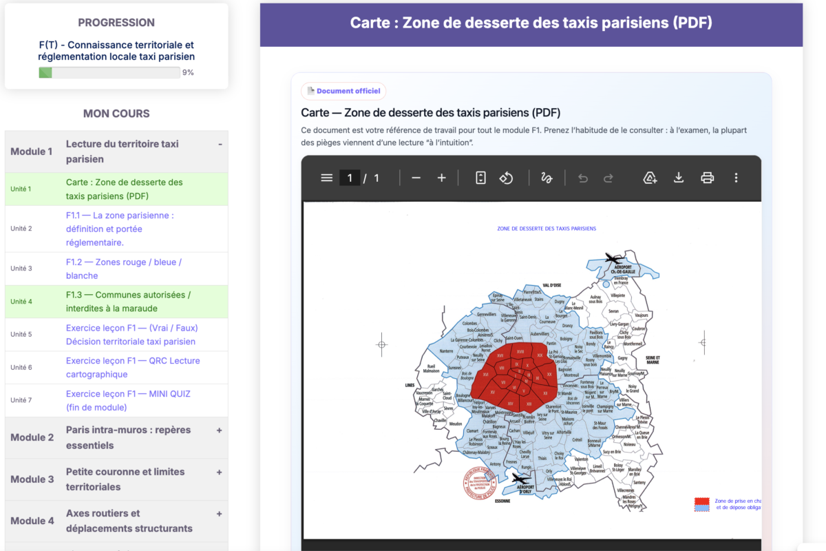 passerelle taxi parisien e-learning - plateforme de formation Institut Chaban