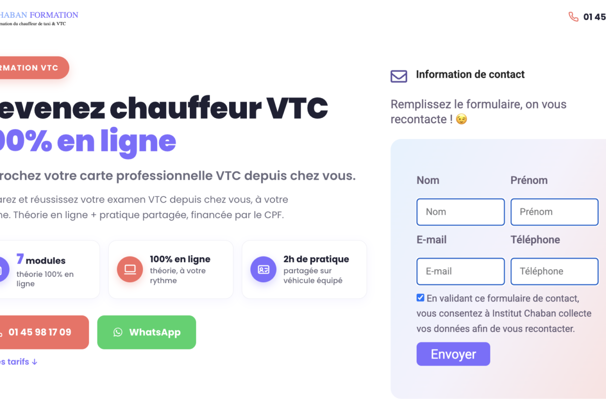 Formation VTC en ligne en Île-de-France 150€ ou 0€ avec le CPF